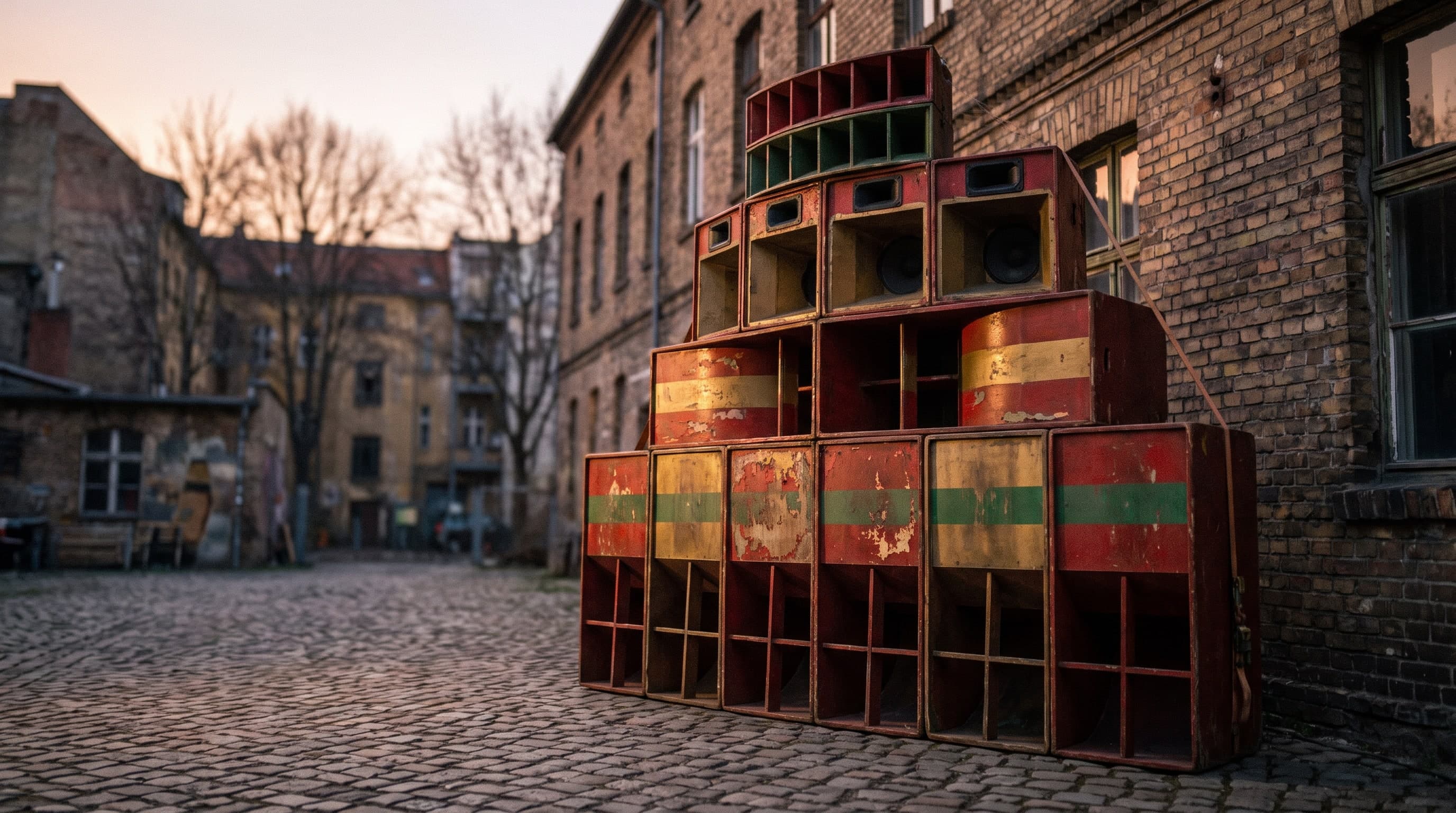 Soundsystem-Boxen in Rot, Gold und Grün in einem Hinterhof mit Kopfsteinpflaster