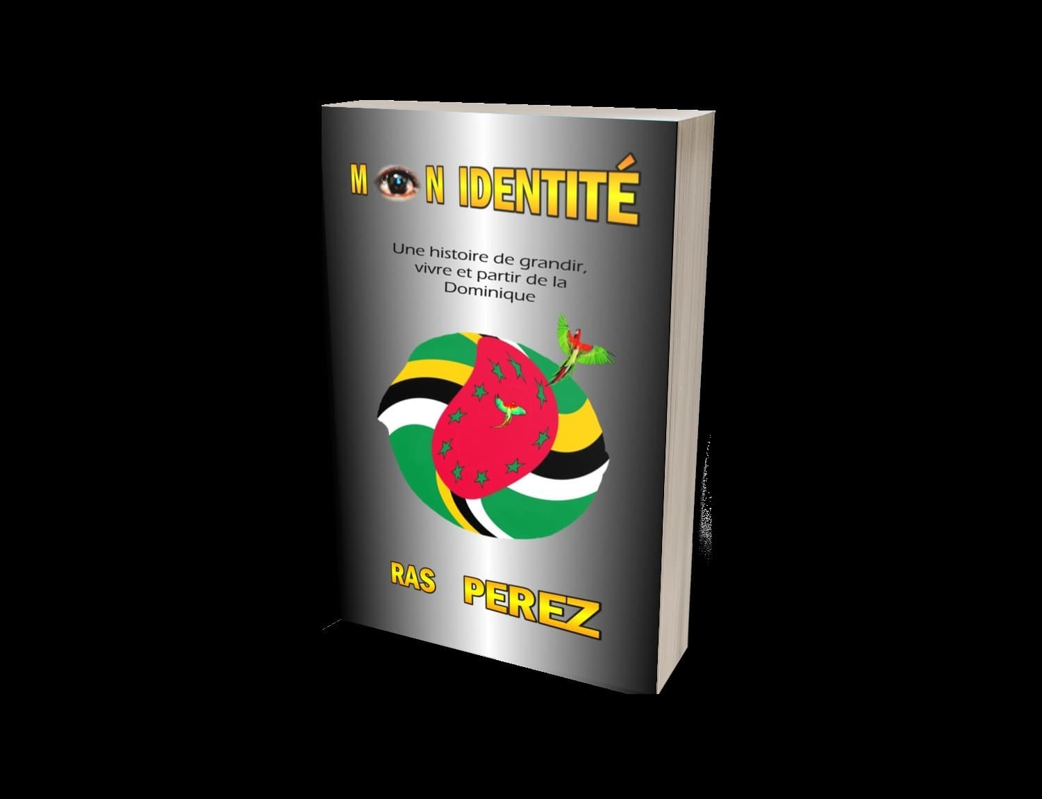 Buch-Mockup der französischen Ausgabe «Mon Identité» mit Dominica-Flagge und Papageien auf dem Cover